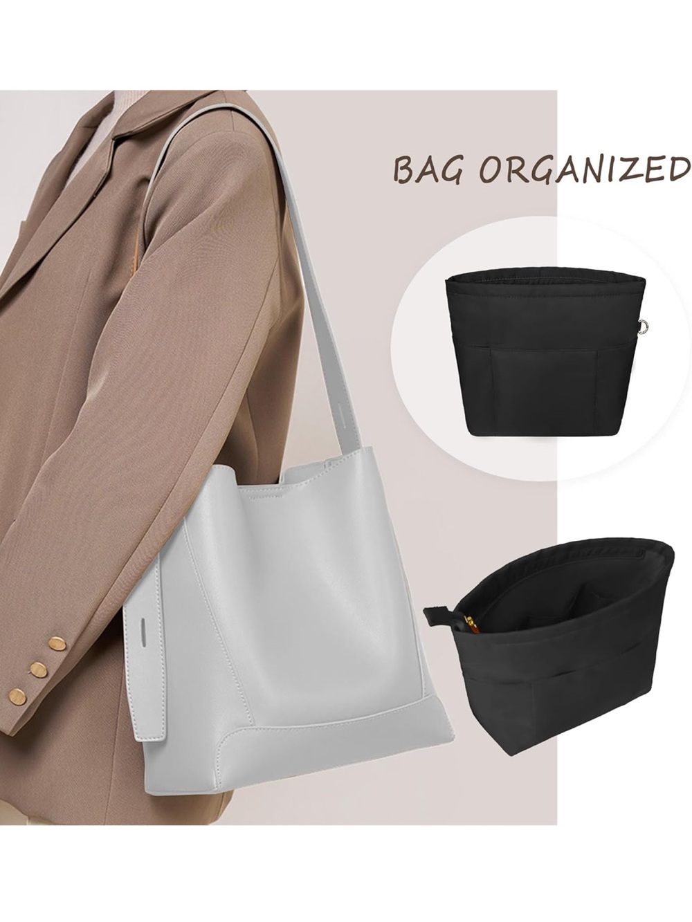 Purse Insert Organizers for Petite Tote Bag Organizer Shaper with Zipper Black - Picture 7 of 8